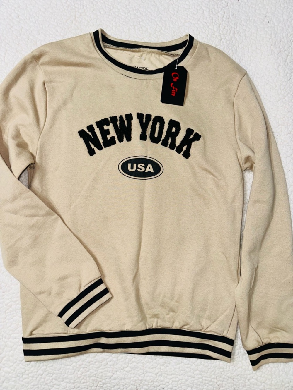On Fire Cream Crewneck Sweater with Black NEW YORK USA Print